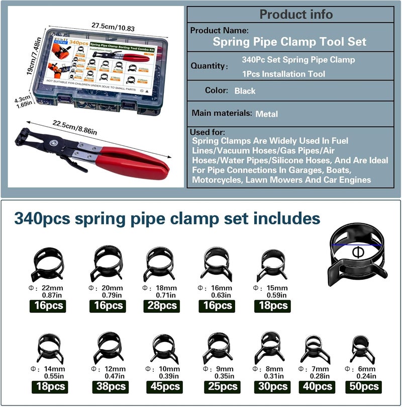 AskWay Spring Pipe Clamps340PCS, With Spring Pipe Clamp Tools, 12 Sizes 6-22mm Spring Hose Clamps, Used To Fix Hose Interfaces In Automotive, Marine, Gardening, Industrial Applications - Image 2